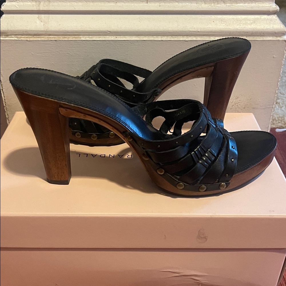 Frye Black Leather Strappy Clogs